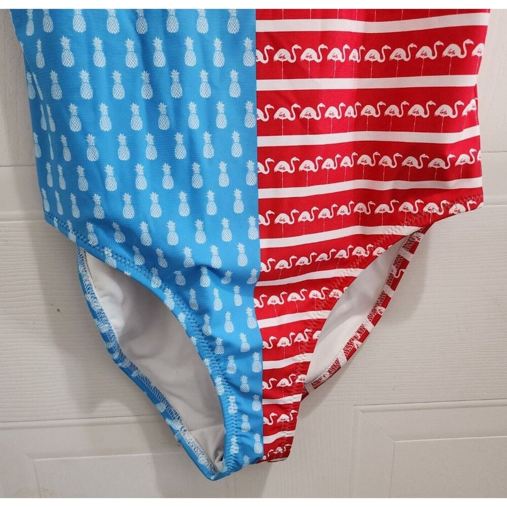 Chubbies Women's One Piece High Cut Swimsuit Red White Blue Pineapple Flamingo M - Picture 4 of 13